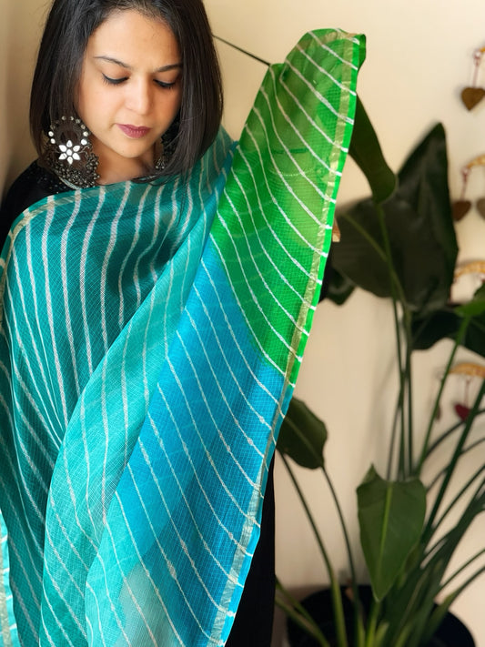 Blue, Green Kota Silk Leheriya Dupatta