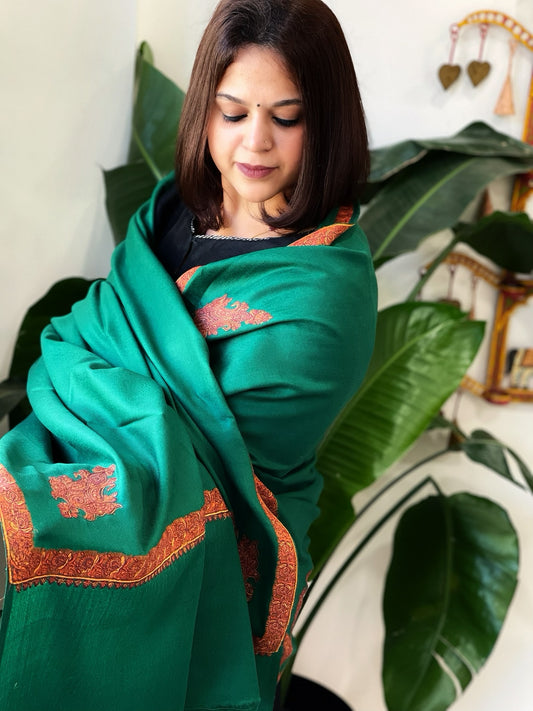Green Woven Pashmina Shawl with Thread Embroidery