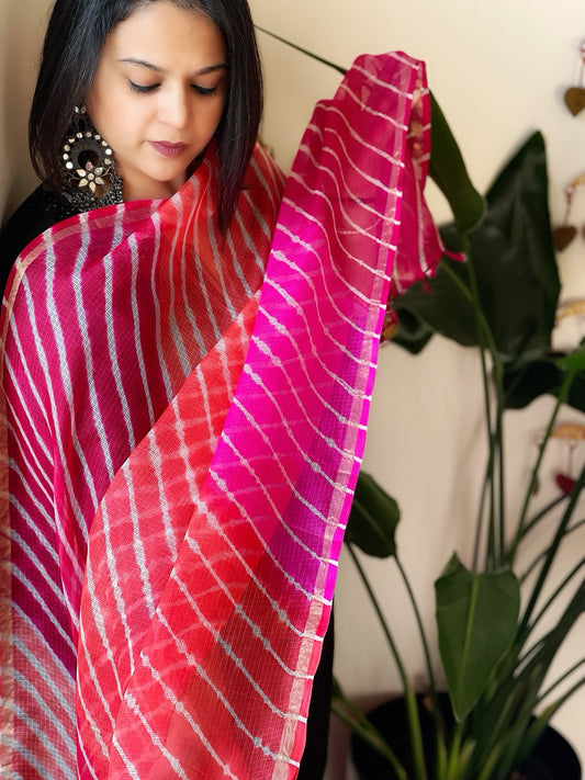 Orange, Pink Kota Silk Leheriya Dupatta