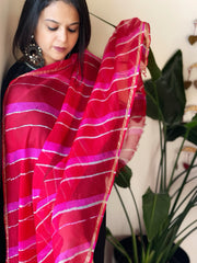 Pink, Red Kota Silk Leheriya Dupatta