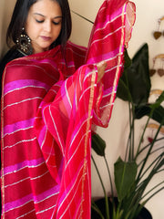 Pink, Red Kota Silk Leheriya Dupatta