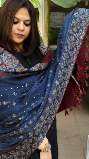 Blue Ajrakh Handblock Printed Silk-Woollen Shawl