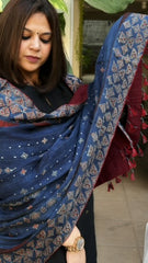 Blue Ajrakh Handblock Printed Silk-Woollen Shawl