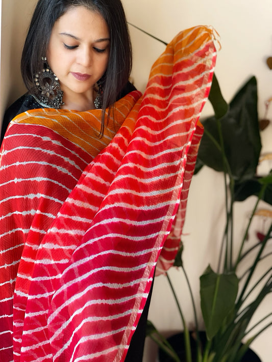 Red, Yellow Kota Silk Leheriya Dupatta