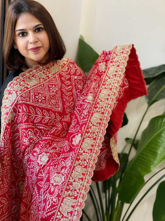 Red Printed Bandhej Dupatta with Heavy Cut Daana and Sequin Embroidery in Chinon Satin