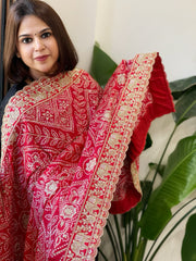 Red Printed Bandhej Dupatta with Heavy Cut Daana and Sequin Embroidery in Chinon Satin