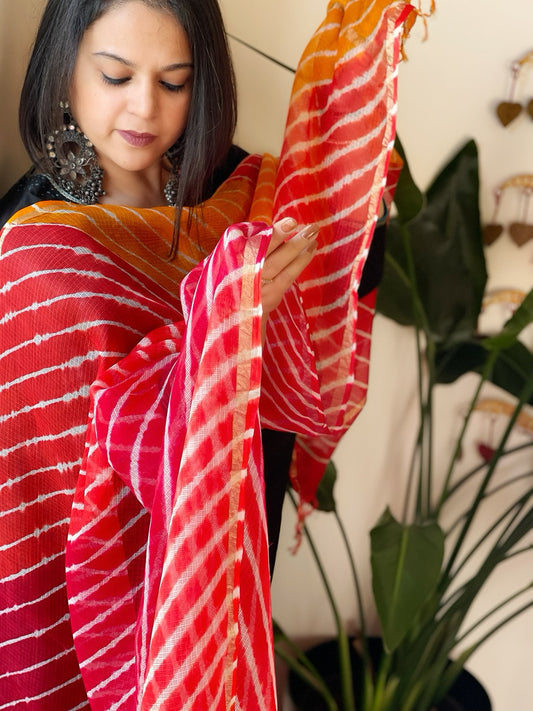 Red, Yellow Kota Silk Leheriya Dupatta