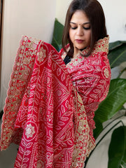 Red Printed Bandhej Dupatta with Heavy Cut Daana and Sequin Embroidery in Chinon Satin