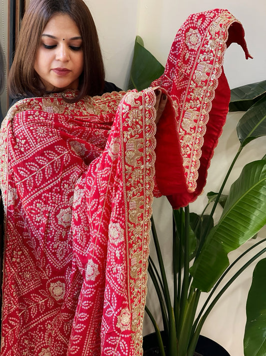 Red Printed Bandhej Dupatta with Heavy Cut Daana and Sequin Embroidery in Chinon Satin