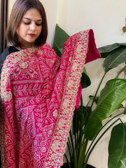 Pink Printed Bandhej Dupatta with Heavy Cut Daana and Sequin Embroidery in Chinon Satin