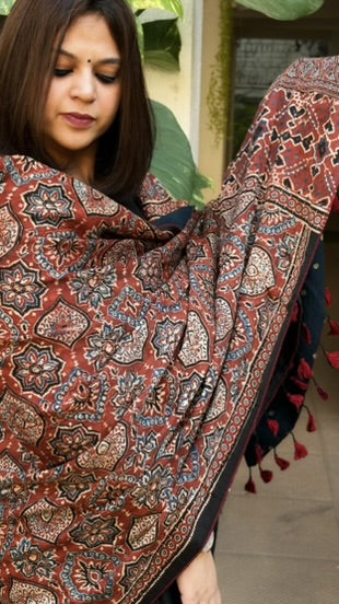 Rust Ajrakh Handblock Printed Silk-Woollen Shawl