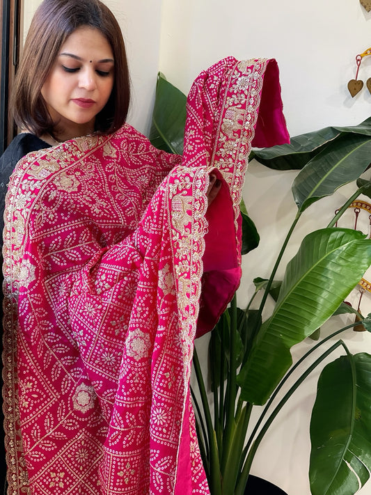 Pink Printed Bandhej Dupatta with Heavy Cut Daana and Sequin Embroidery in Chinon Satin