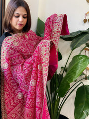 Pink Printed Bandhej Dupatta with Heavy Cut Daana and Sequin Embroidery in Chinon Satin