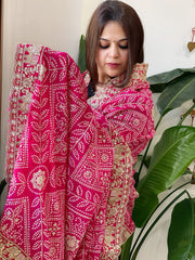 Pink Printed Bandhej Dupatta with Heavy Cut Daana and Sequin Embroidery in Chinon Satin