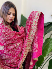 Pink Printed Bandhej Dupatta with Heavy Cut Daana and Sequin Embroidery in Chinon Satin