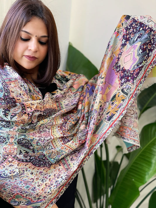 Woven Pashmina Kalamkari Stole with Embroidery