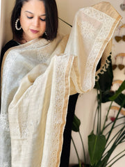 Lucknowi Dupatta with Mukaish Handwork in Pure Tussar Silk