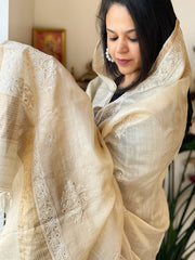 Lucknowi Dupatta with Mukaish Handwork in Pure Tussar Silk