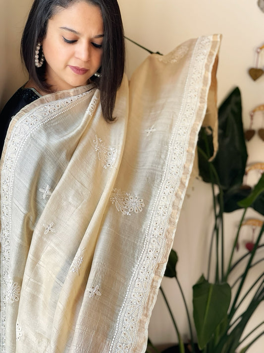 Lucknowi Dupatta with Mukaish Handwork in Pure Tussar Silk