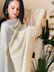 Lucknowi Dupatta with Mukaish Handwork in Pure Tussar Silk