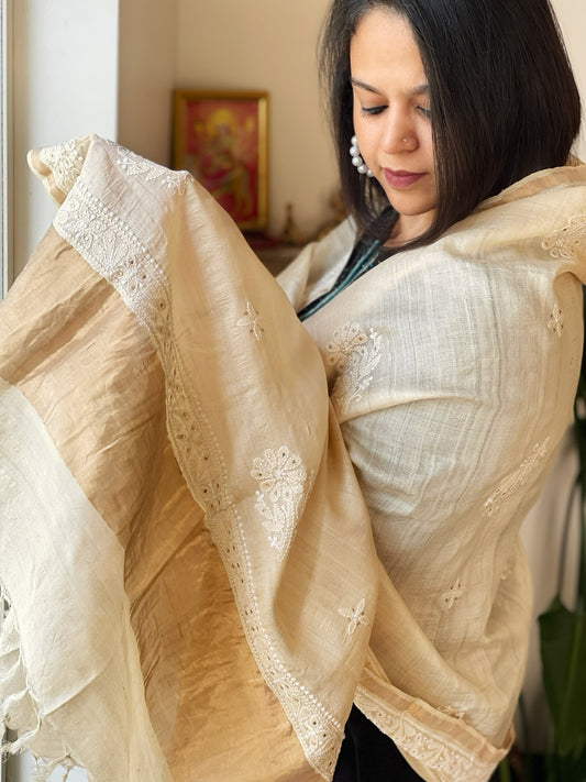 Lucknowi Dupatta with Mukaish Handwork in Pure Tussar Silk