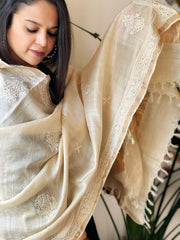 Lucknowi Dupatta with Mukaish Handwork in Pure Tussar Silk