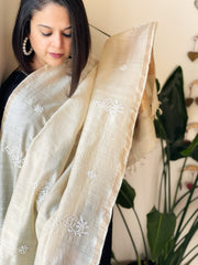 Lucknowi Dupatta with Mukaish Handwork in Pure Tussar Silk