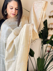 Lucknowi Dupatta with Mukaish Handwork in Pure Tussar Silk