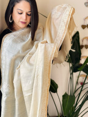 Lucknowi Dupatta with Mukaish Handwork in Pure Tussar Silk