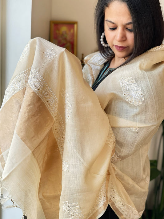 Lucknowi Dupatta with Mukaish Handwork in Pure Tussar Silk