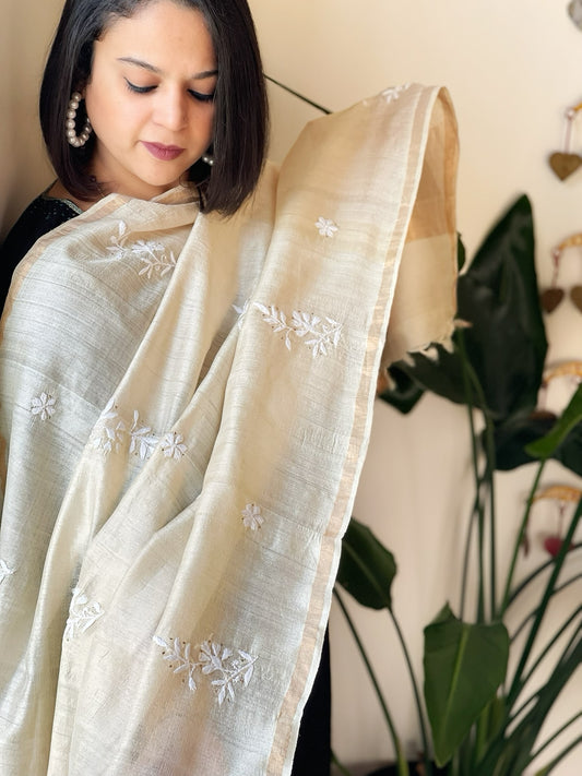 Lucknowi Dupatta with Mukaish Handwork in Pure Tussar Silk