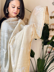 Lucknowi Dupatta with Mukaish Handwork in Pure Tussar Silk