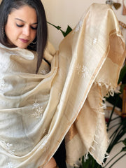 Lucknowi Dupatta with Mukaish Handwork in Pure Tussar Silk