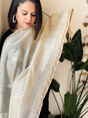 Lucknowi Dupatta with Mukaish Handwork in Pure Tussar Silk