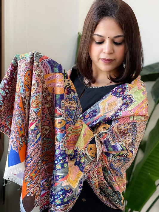 Woven Pashmina Kalamkari Stole with Embroidery
