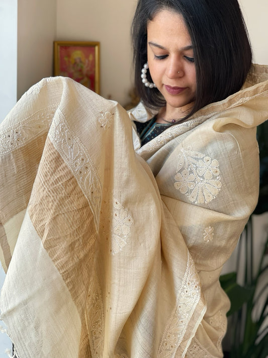 Lucknowi Dupatta with Mukaish Handwork in Pure Tussar Silk