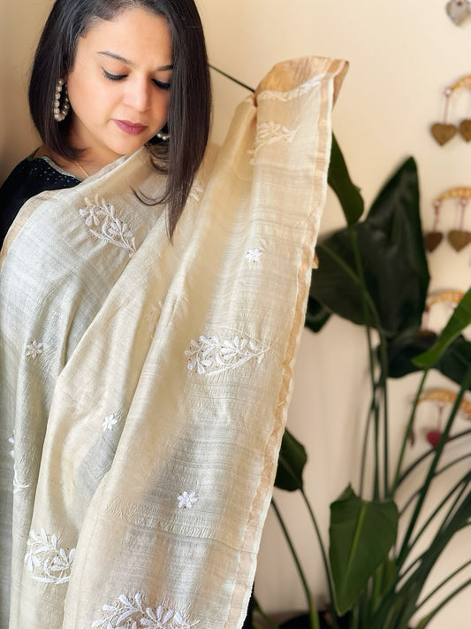 Lucknowi Dupatta with Mukaish Handwork in Pure Tussar Silk