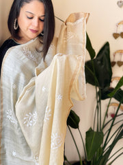 Lucknowi Dupatta with Mukaish Handwork in Pure Tussar Silk