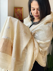 Lucknowi Dupatta with Mukaish Handwork in Pure Tussar Silk