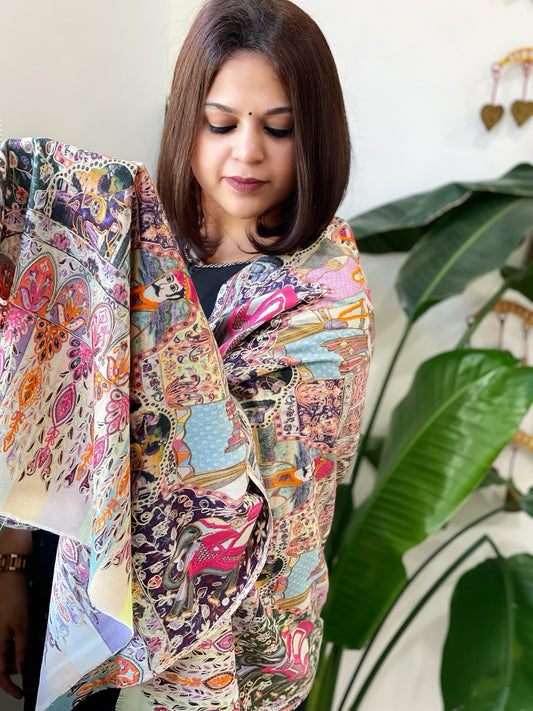 Woven Pashmina Kalamkari Stole with Embroidery