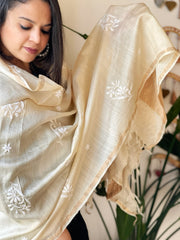 Lucknowi Dupatta with Mukaish Handwork in Pure Tussar Silk