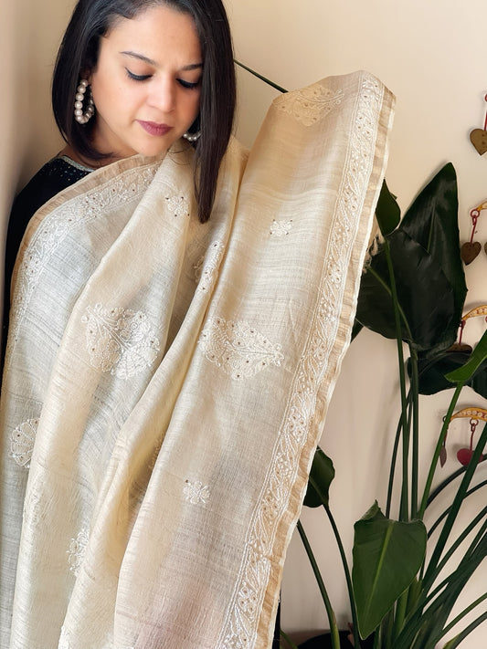 Lucknowi Dupatta with Mukaish Handwork in Pure Tussar Silk