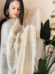 Lucknowi Dupatta with Mukaish Handwork in Pure Tussar Silk