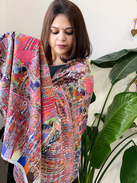 Woven Pashmina Kalamkari Stole with Embroidery