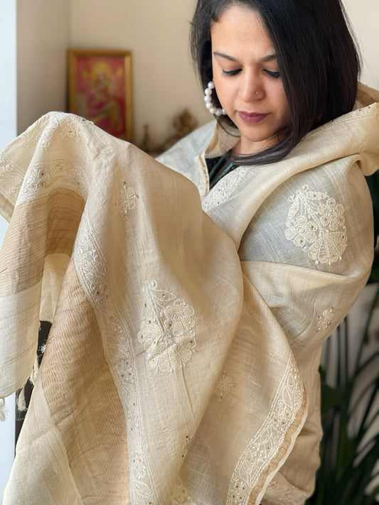 Lucknowi Dupatta with Mukaish Handwork in Pure Tussar Silk