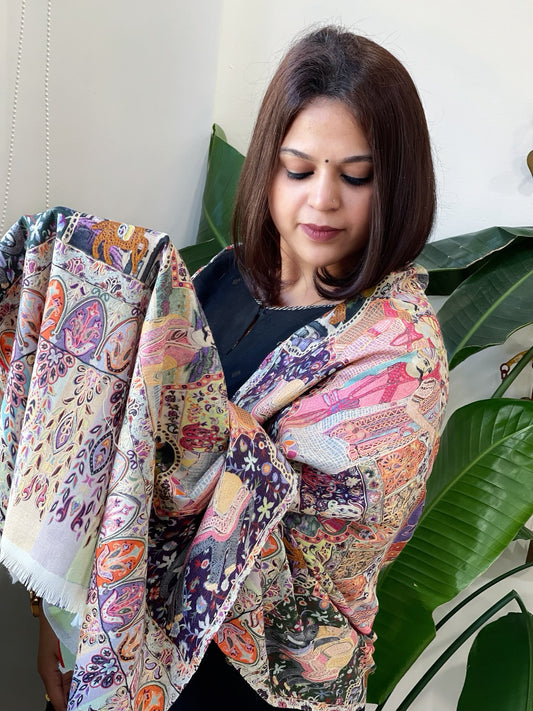 Woven Pashmina Kalamkari Stole with Embroidery