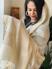 Lucknowi Dupatta with Mukaish Handwork in Pure Tussar Silk