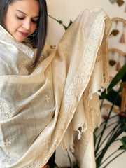 Lucknowi Dupatta with Mukaish Handwork in Pure Tussar Silk