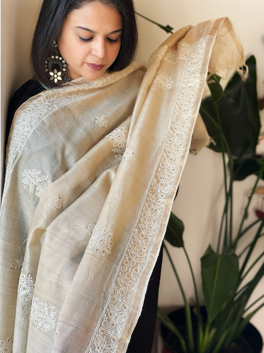 Lucknowi Dupatta with Mukaish Handwork in Pure Tussar Silk