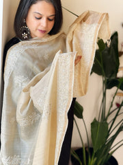 Lucknowi Dupatta with Mukaish Handwork in Pure Tussar Silk